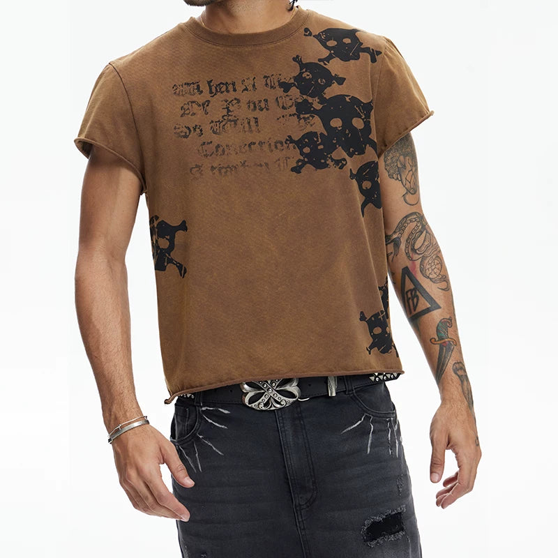 DND4DES Skeleton Printed Washed Outdated Curled Shoulder T-shirt American Street Trendy Brand Short Sleeve Three Color Slim Fit