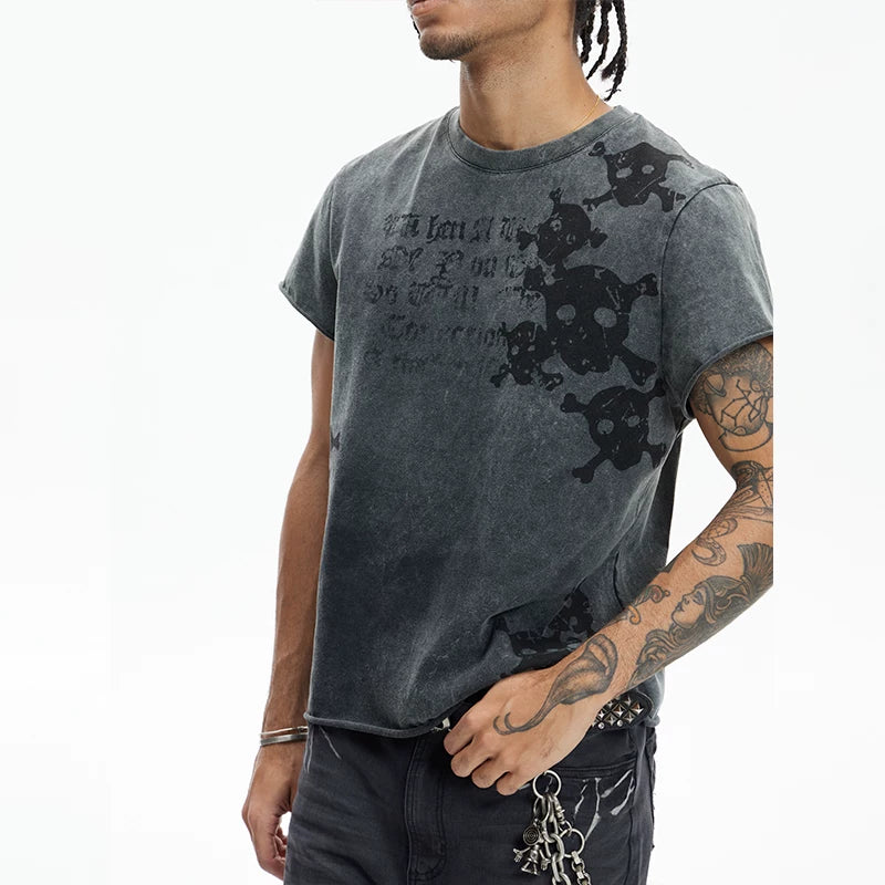 DND4DES Skeleton Printed Washed Outdated Curled Shoulder T-shirt American Street Trendy Brand Short Sleeve Three Color Slim Fit