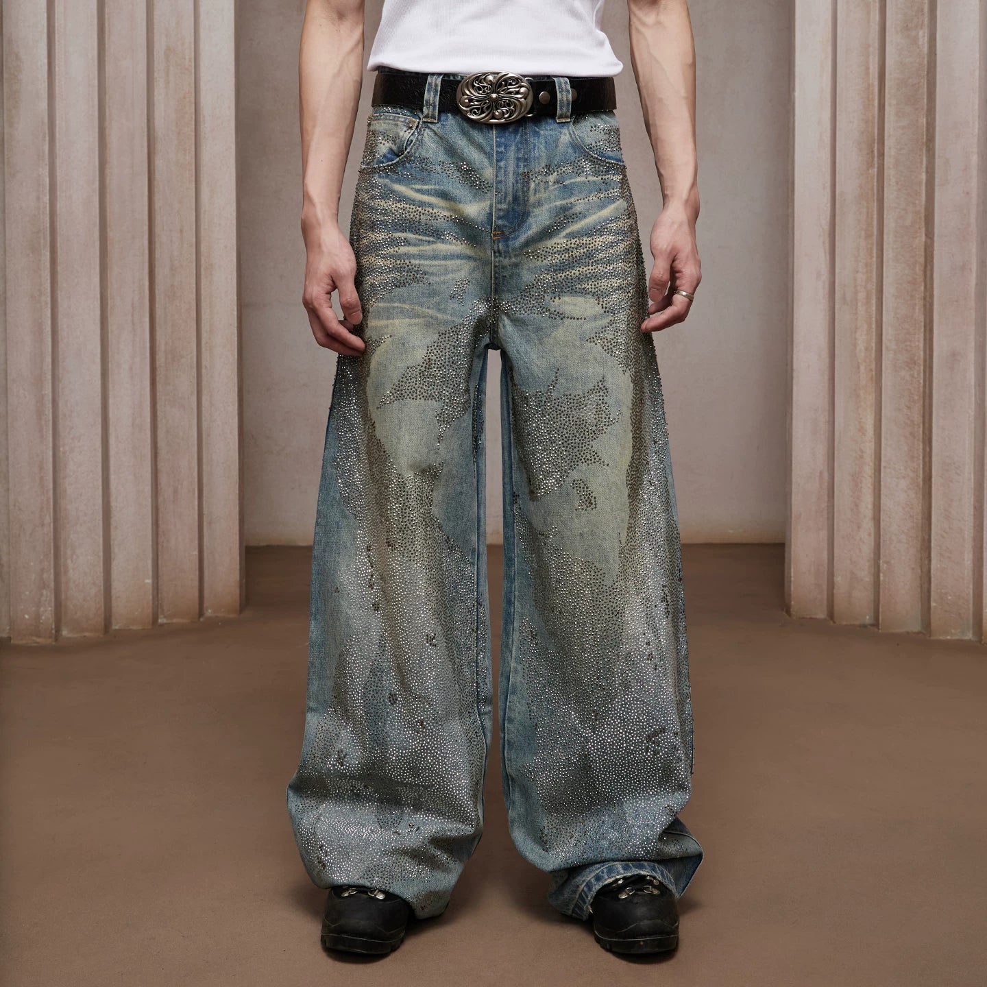 DND4DES Ding Yuxi Same Style American Heavy Industry Wash Dirty Stained Starry Sky Cross Color Hot Drilled Straight leg Jeans