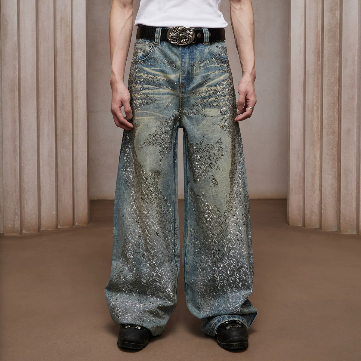 DND4DES Ding Yuxi Same Style American Heavy Industry Wash Dirty Stained Starry Sky Cross Color Hot Drilled Straight leg Jeans