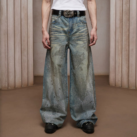 DND4DES Ding Yuxi Same Style American Heavy Industry Wash Dirty Stained Starry Sky Cross Color Hot Drilled Straight leg Jeans