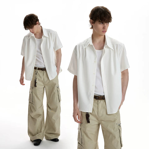 A PUEE classic minimalist deconstructive cut short sleeved shirt cleanfit, high-end casual versatile shoulder shirt