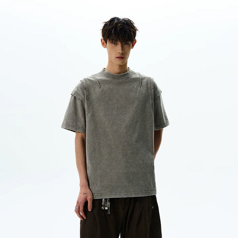 A PUEE American retro clean fit silhouette deconstruction cut to make old short sleeved T-shirt trendy and cool loose top