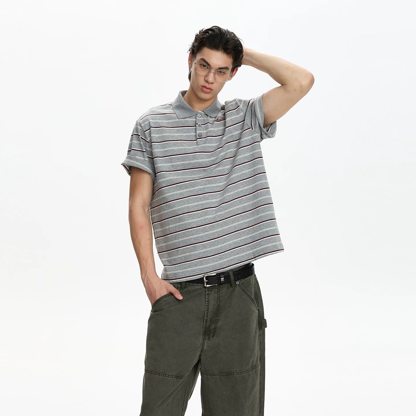 A PUEE American retro striped embroidered design short sleeved polo shirt for men and women, lazy and high-end loose top
