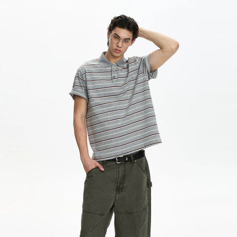 A PUEE American retro striped embroidered design short sleeved polo shirt for men and women, lazy and high-end loose top