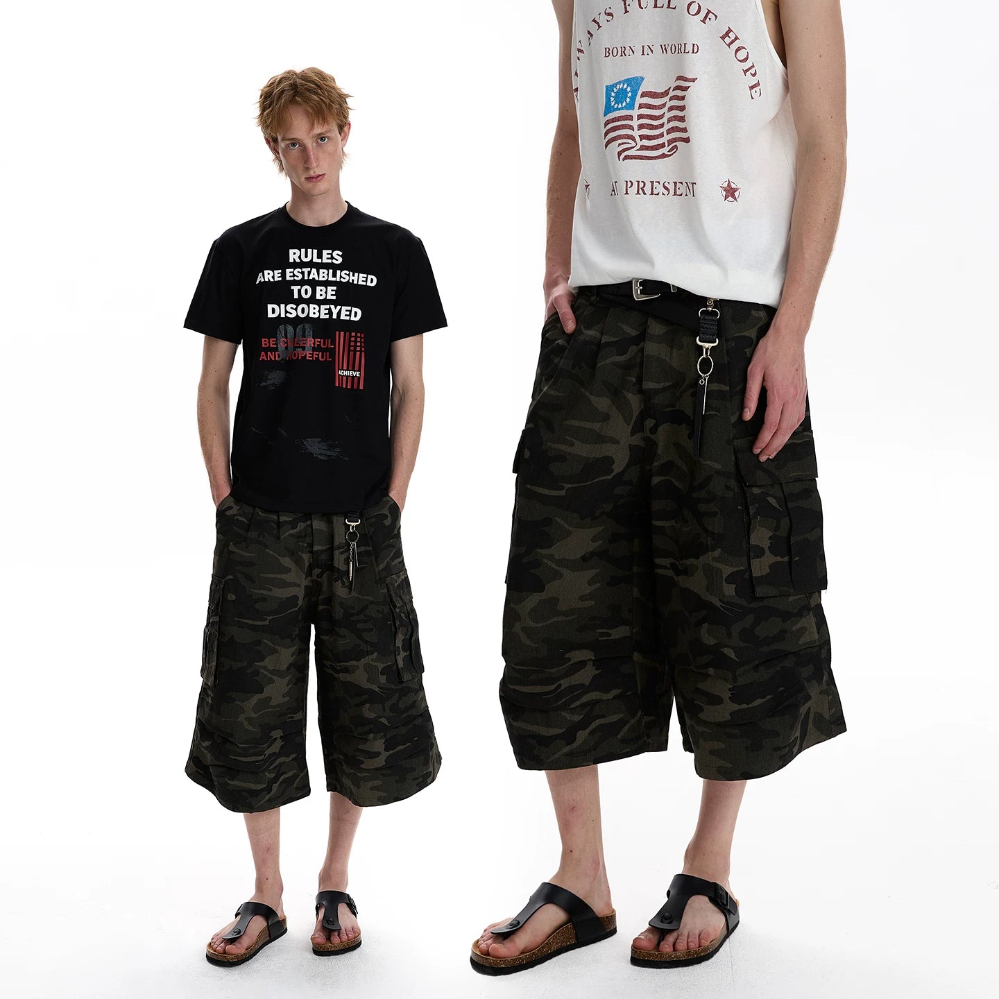 A PUEE retro American multi pocket camouflage workwear cropped pants with wide legs for men and women, loose and cool casual shorts for summer