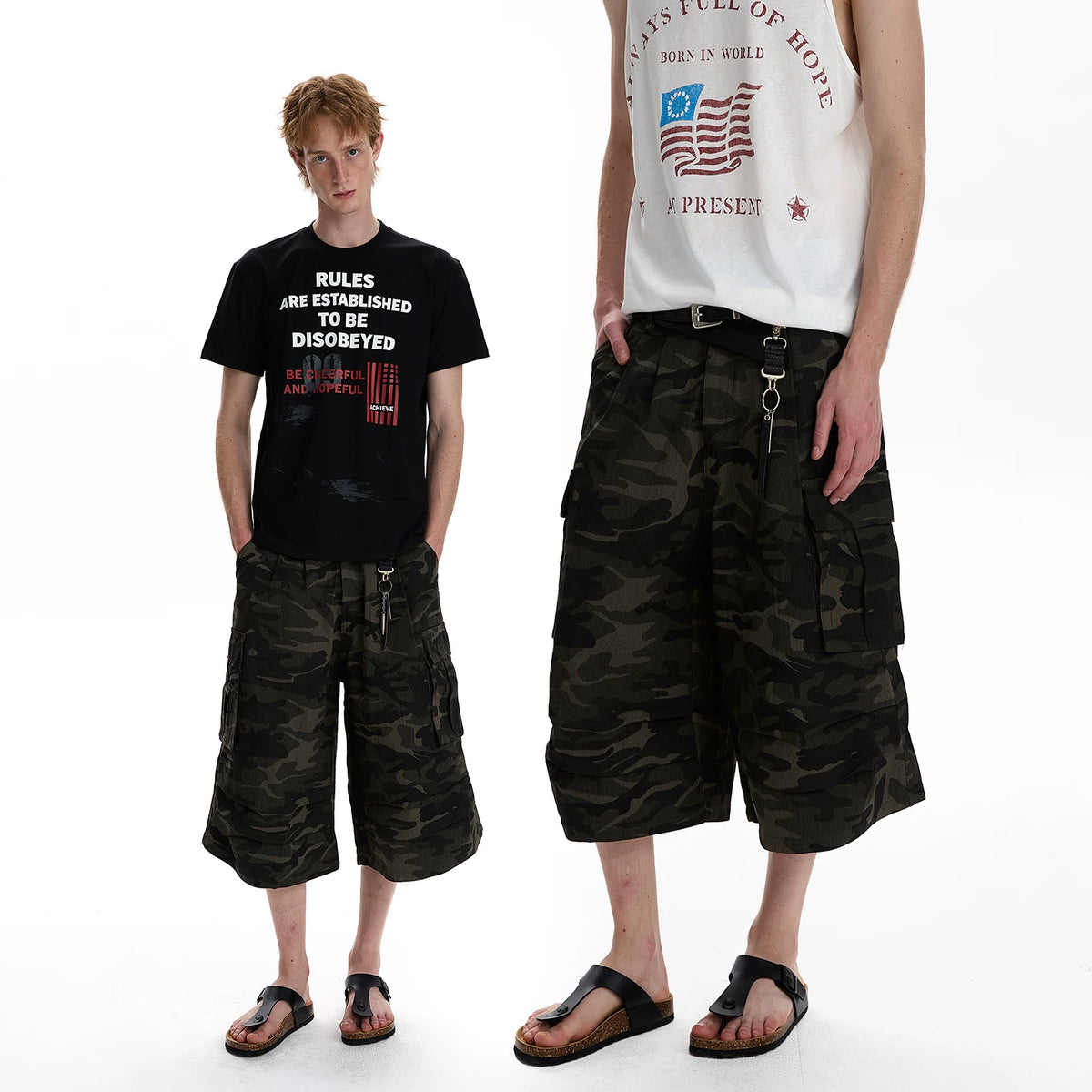 A PUEE retro American multi pocket camouflage workwear cropped pants with wide legs for men and women, loose and cool casual shorts for summer