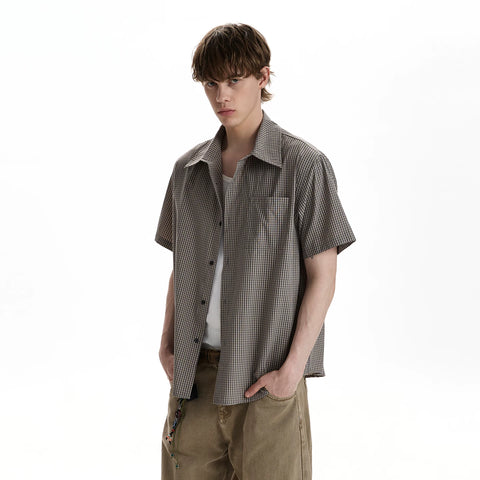 A PUEE American retro high intelligence plaid short sleeved shirt cleanfit commuting versatile short T-shirt top