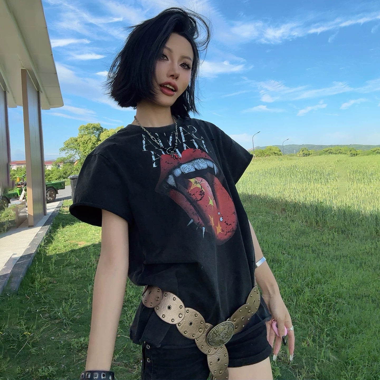 DND4DES Rock punk Rolling Stone Tongue Print Curly Cuff Washable T-shirt American Street Fashion Brand Short Sleeve