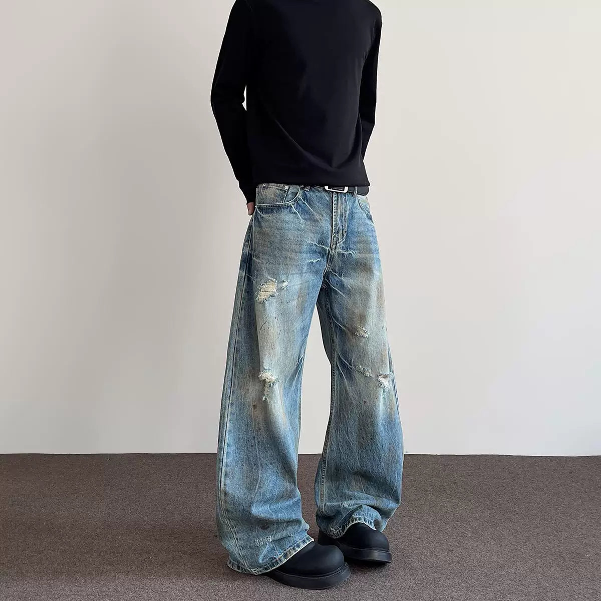 A PUEE American retro street distressed distressed jeans men's trendy straight leg slightly flared cleanfit curved knife pants