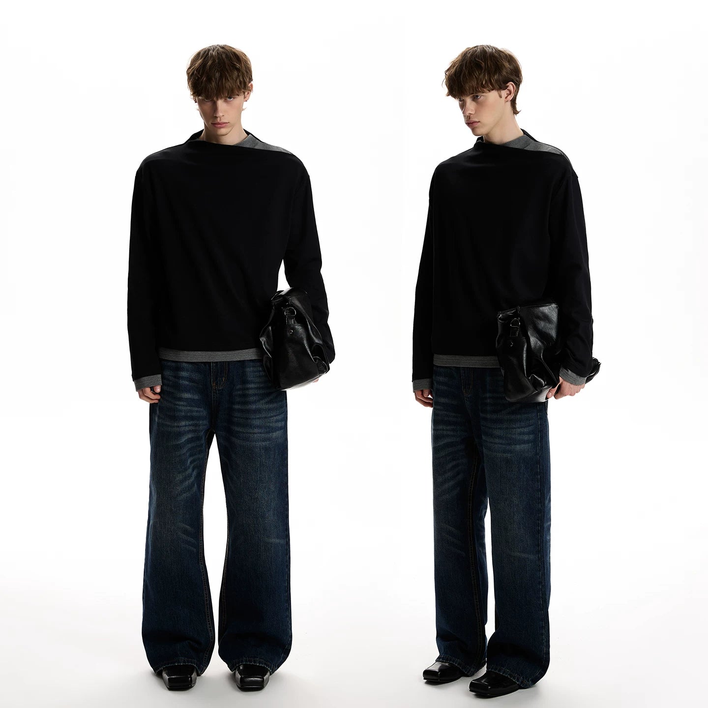 A PUEE high-end fake two-piece spliced long sleeved T-shirt clean fit layered design sense short and stylish top