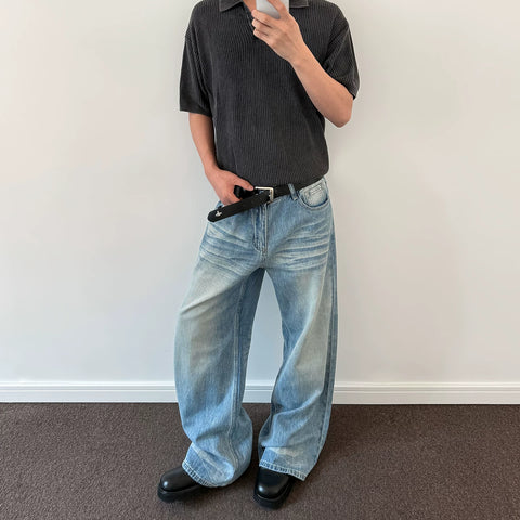 A PUEE American retro cleanfit cat whisker distressed washed jeans men's trendy straight leg micro flared versatile pants