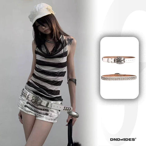 Retro punk style rhinestone leather belt, unisex rivet metal belt