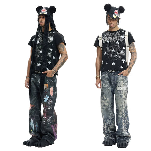Wang Heye The same DND4DES original dark punk star print curled shoulder T-shirt American slim short sleeve