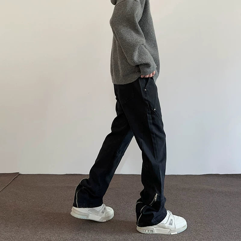 Apuee American High Street Vibe Zipper Split Make Old Black Jeans Men's and Women's Straight Tube Micro Pull Show Thin Pants
