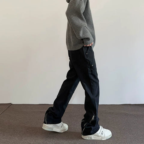 Apuee American High Street Vibe Zipper Split Make Old Black Jeans Men's and Women's Straight Tube Micro Pull Show Thin Pants