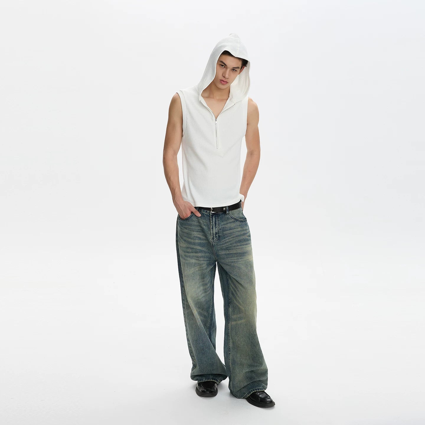 A PUEE half zip hooded slim fit sleeveless vest cleanfit simple commuting short T-shirt fitness top