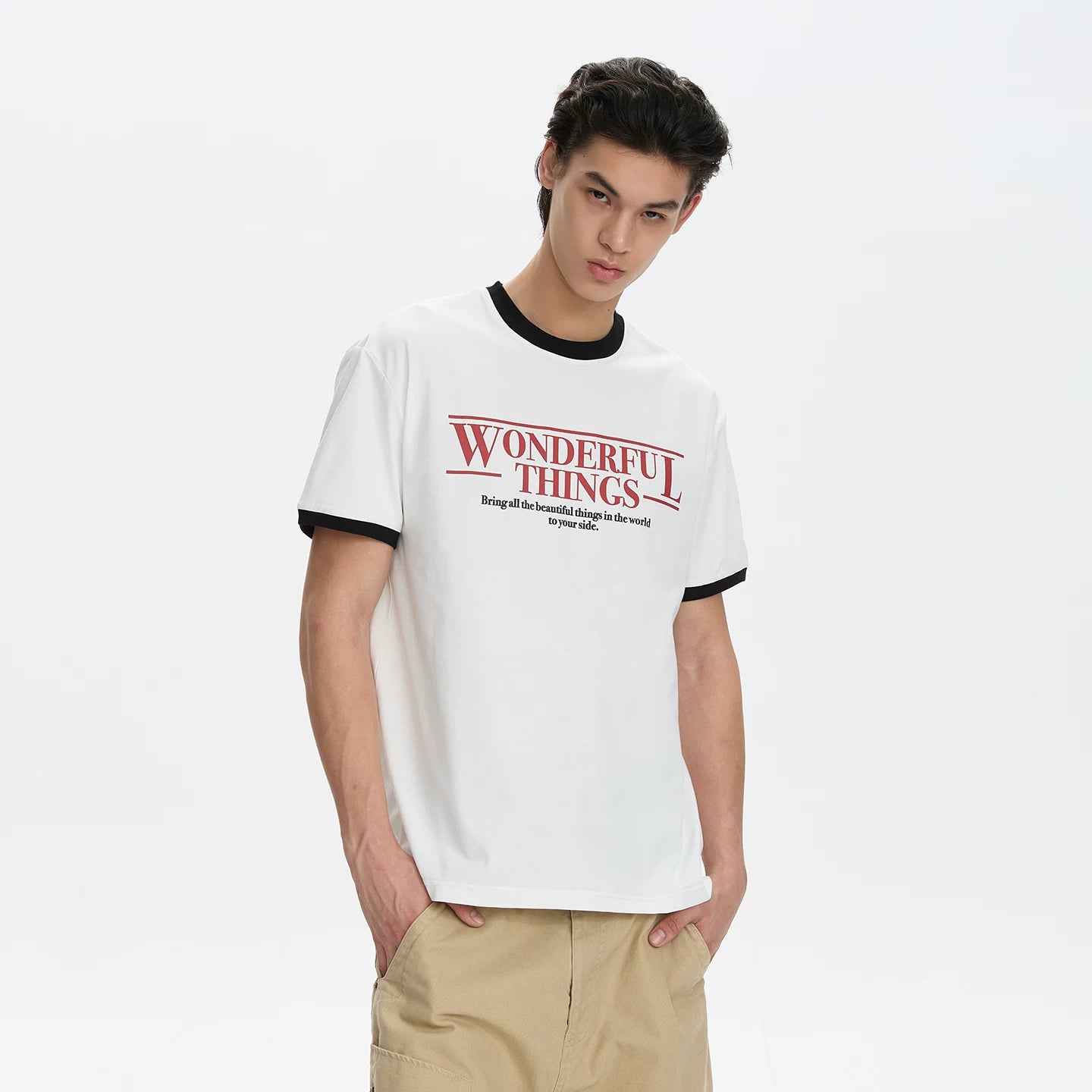 A PUEE retro American letter slogan color blocked short sleeved T-shirt for men and women boxy short shoulder versatile top summer