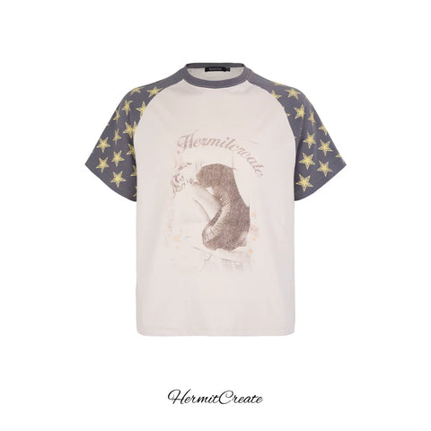 HC/HermitCreate Star Girl Portrait Theme Retro distressed raglan T-shirt Boxy Edition