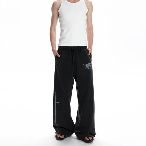 A PUEE American retro washed vintage printed casual bathroom pants for couples, stylish and loose straight leg floor length pants