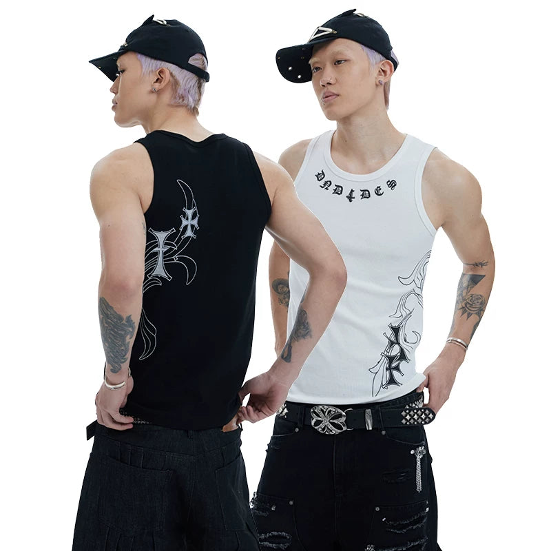 DND4DES Deng Kai Same Style American Street Hip Hop Tight Elastic Honeysuckle Cross Printed Tank Top Multi Color