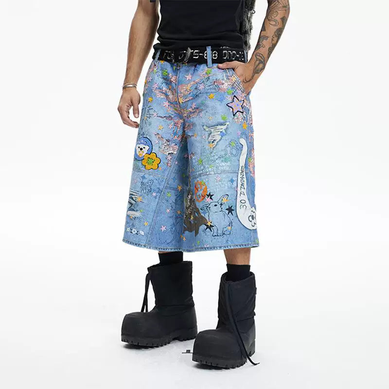 Huang Zihong, Fan He Haonan, same style DND4DES American street digital printed denim shorts cartoon cropped pants