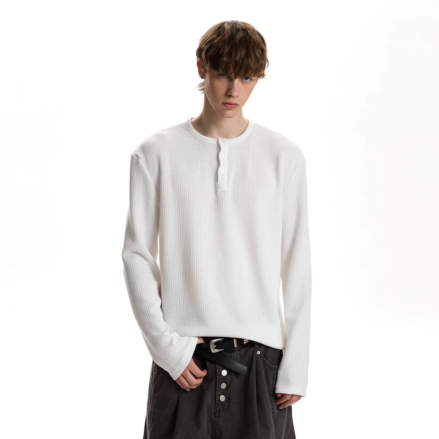 A PUEE retro casual Henry collar long sleeved T-shirt cleanfit spring high-end feeling old money top base shirt
