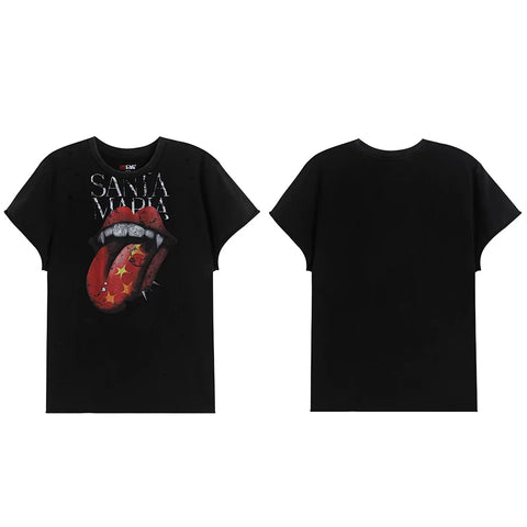 DND4DES Rock punk Rolling Stone Tongue Print Curly Cuff Washable T-shirt American Street Fashion Brand Short Sleeve