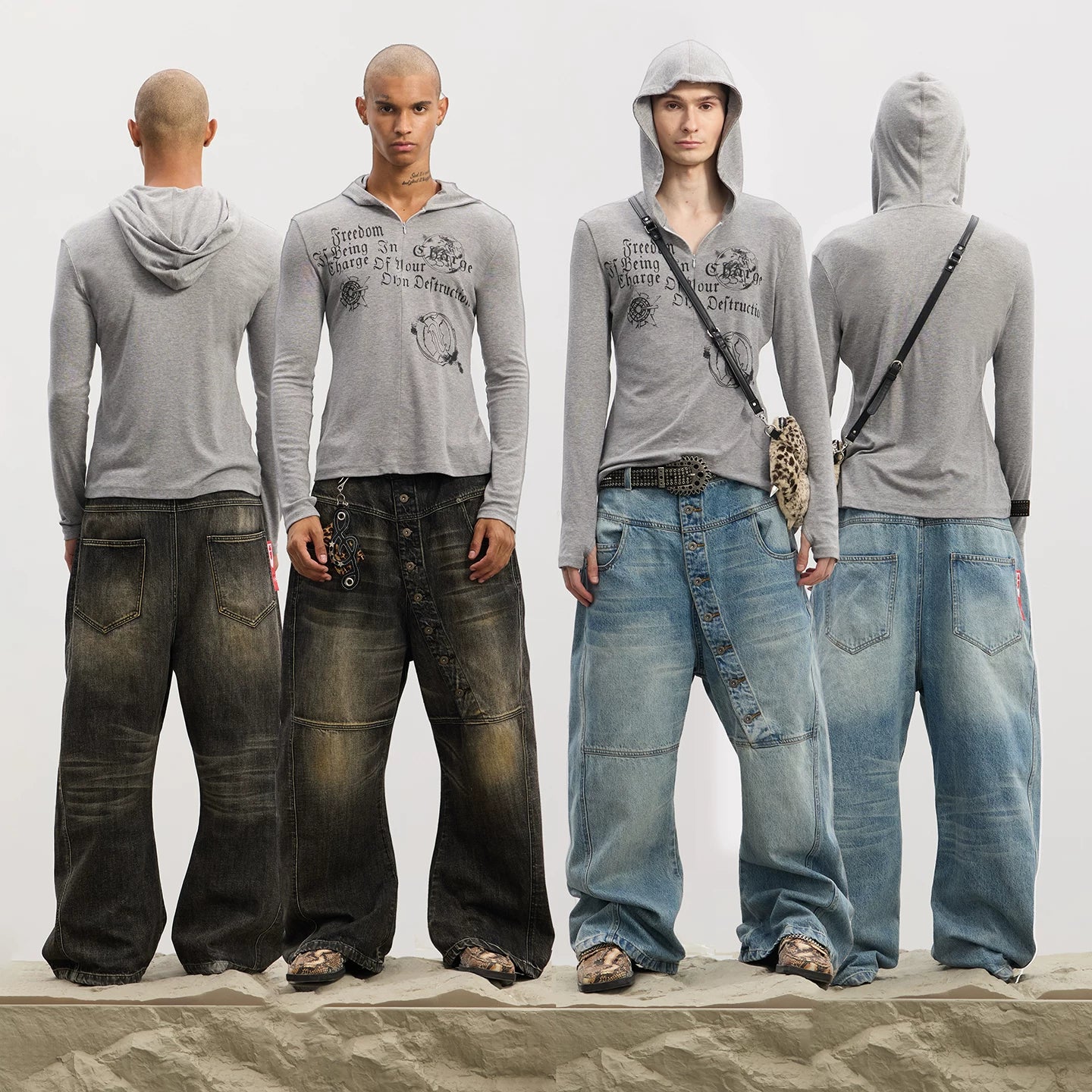DND4DES American Heavy Industry 3D Cat Beard Washed for Old, Long Buckle Baggy, Curved Knife Jeans, Multi Color