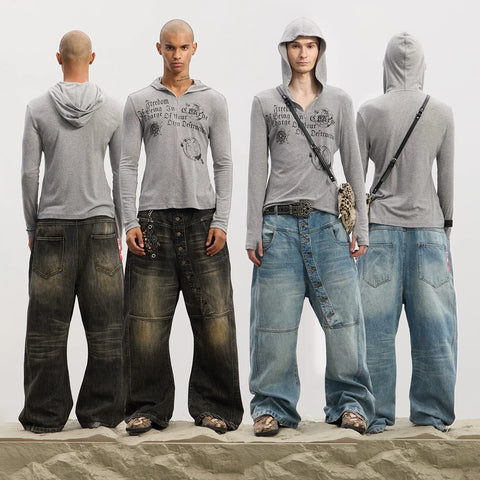 DND4DES American Heavy Industry 3D Cat Beard Washed for Old, Long Buckle Baggy, Curved Knife Jeans, Multi Color