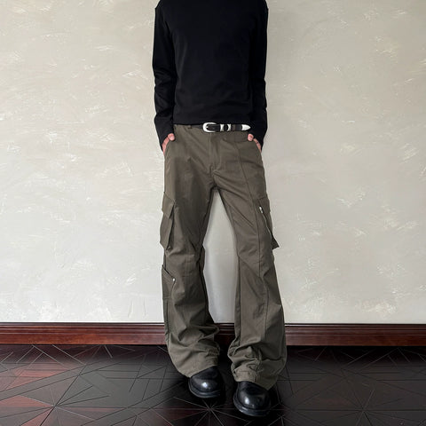 A PUEE American retro functional style multi pocket work pants for men and women, Vibe style straight tube slightly flared slim pants