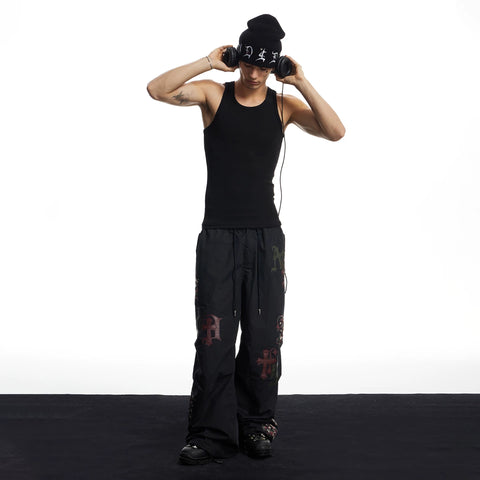 DND4DES American hip-hop street cross leather wide leg casual sports paratrooper pants loose straight leg pants