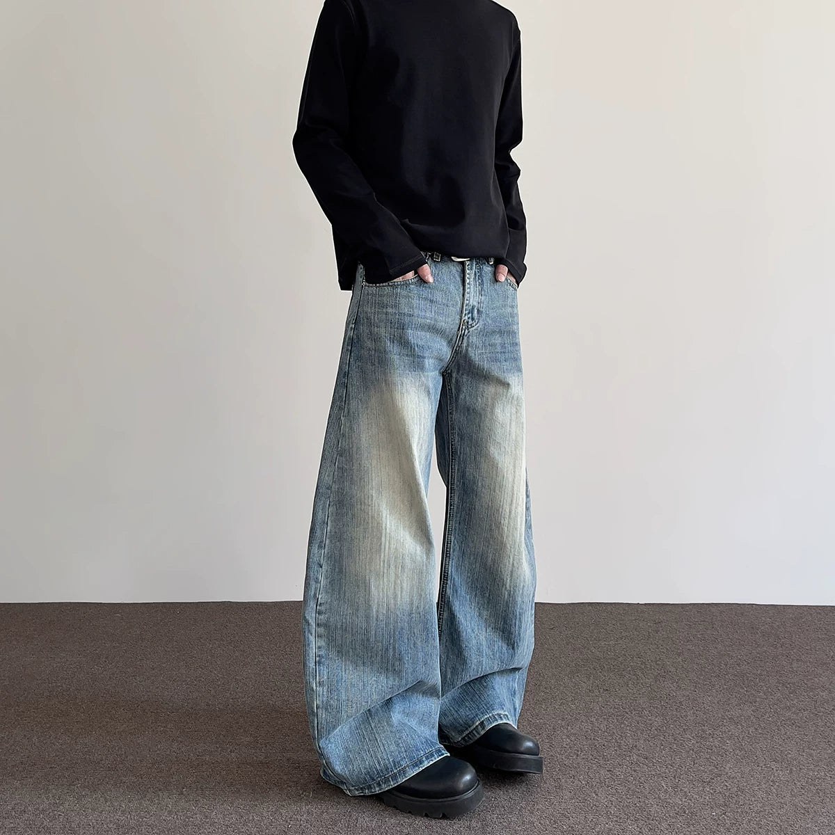 A PUEE American high street clean fit bamboo knot distressed curved jeans men's straight tube slightly flared long pants