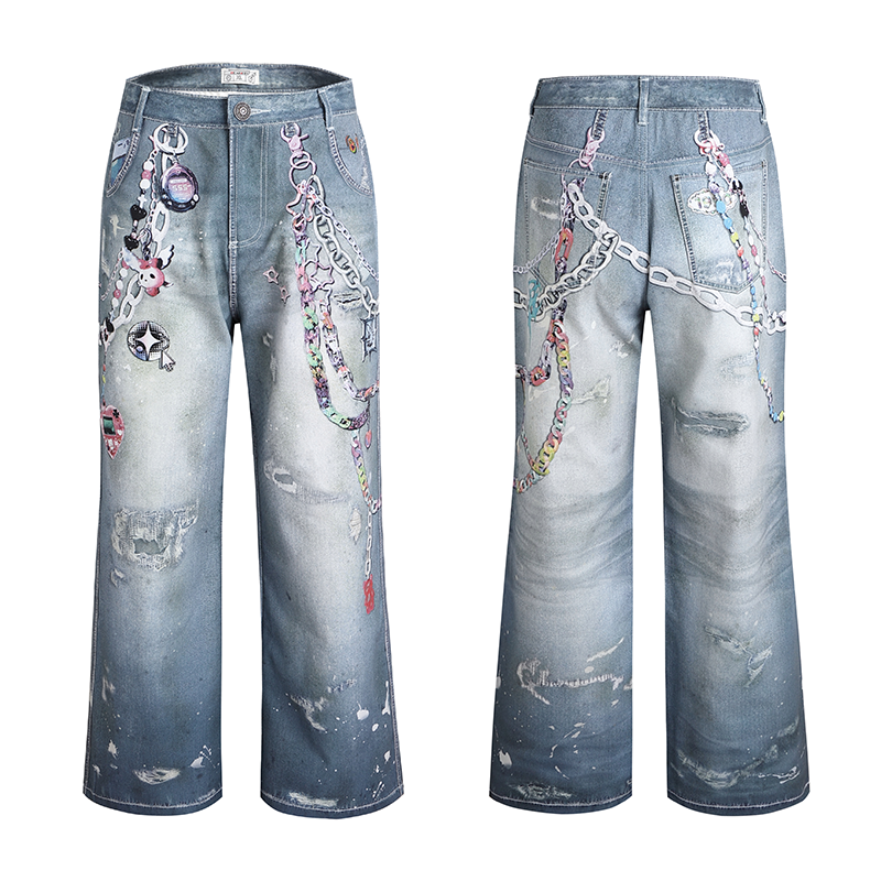 Wang Yiheng, Zhang Jie, Yuan Yiqi, same DND4DESyk cartoon chain wide leg pants design printed jeans