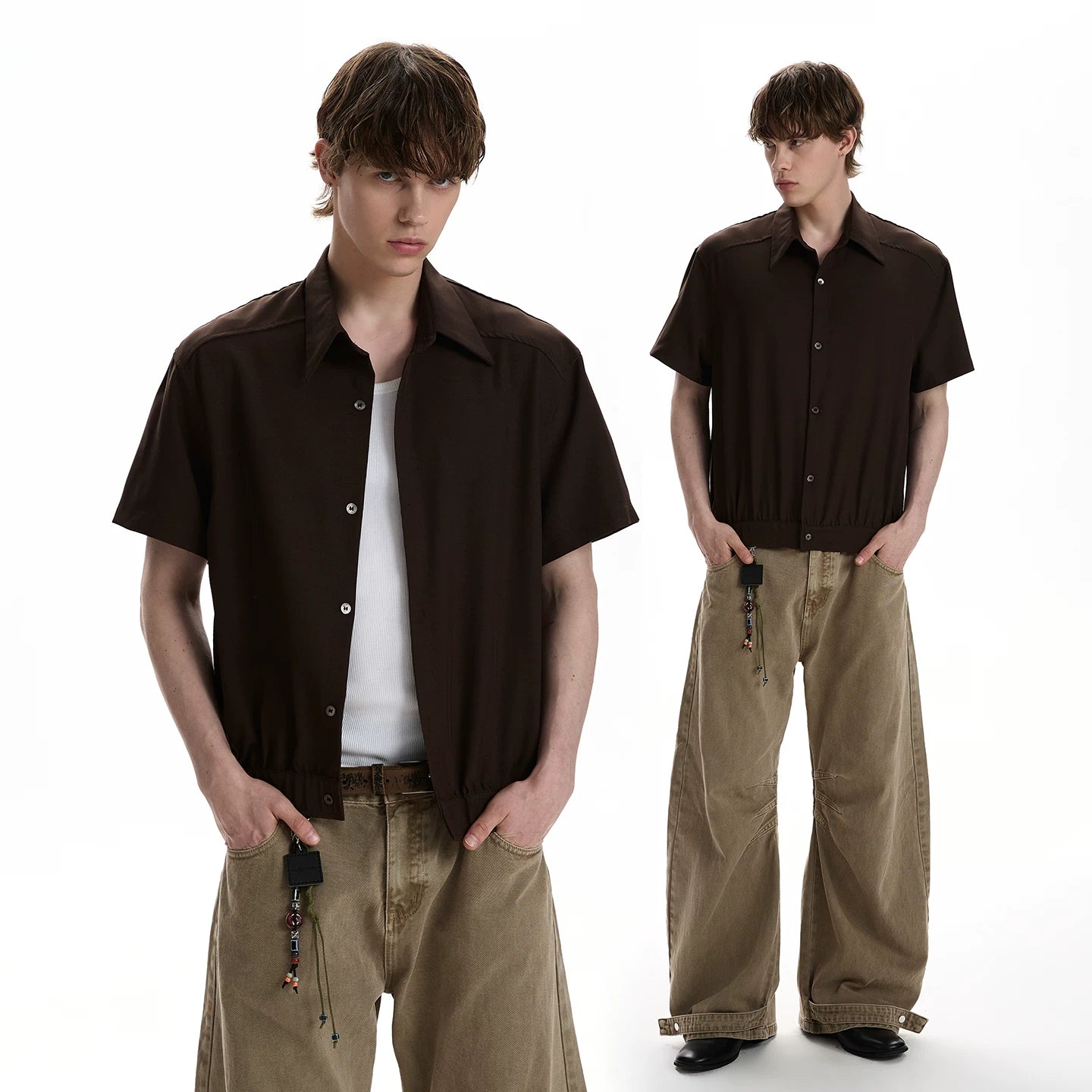 A PUEE American retro shoulder style short sleeved shirt cleanfit silhouette deconstruction loose short shirt trend