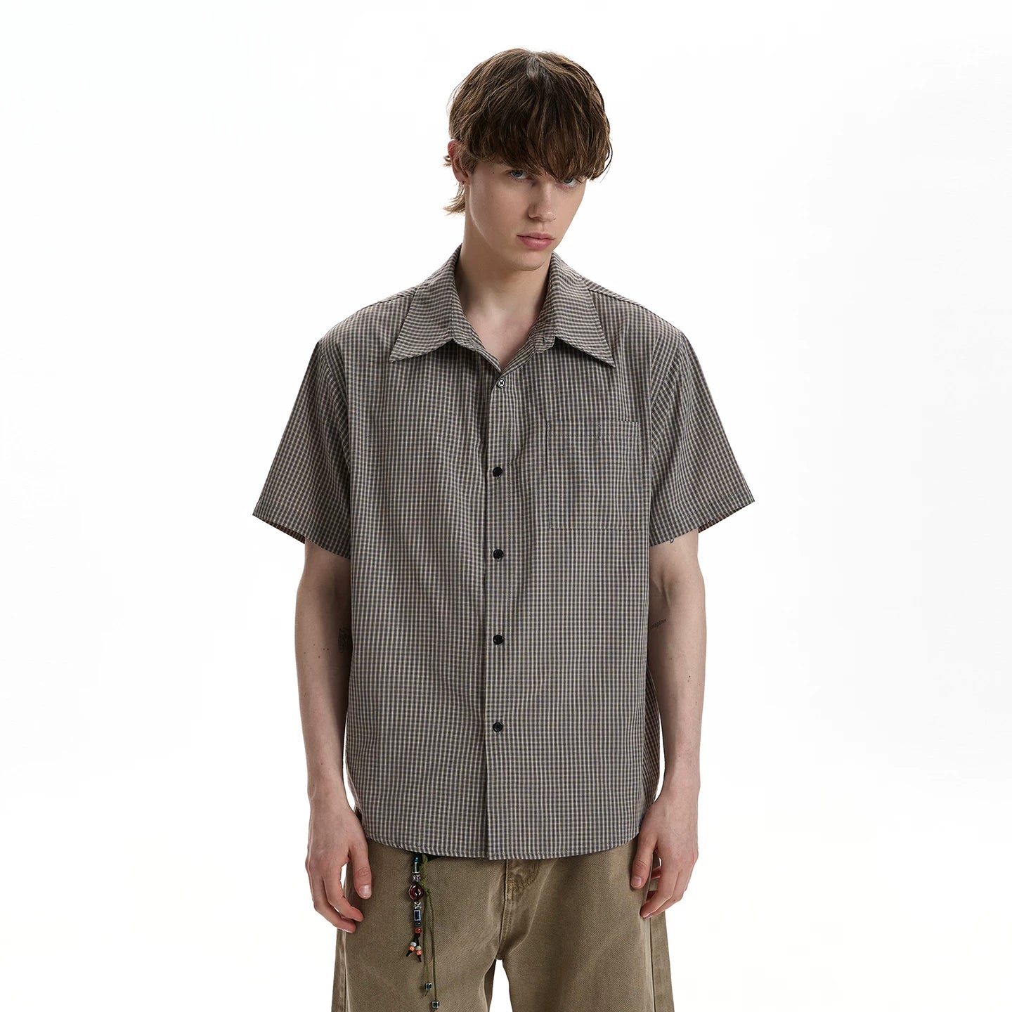 A PUEE American retro high intelligence plaid short sleeved shirt cleanfit commuting versatile short T-shirt top