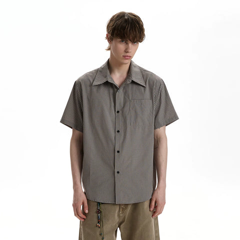 A PUEE American retro high intelligence plaid short sleeved shirt cleanfit commuting versatile short T-shirt top