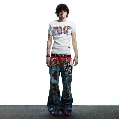 DND4DES Wang Sulong's original American style 3D printed leopard print perforated straight leg micro flared jeans and pants