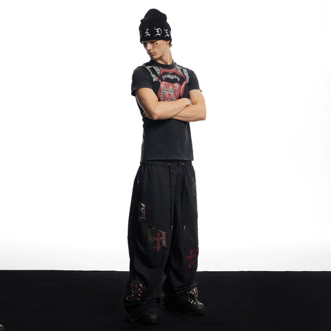DND4DES American hip-hop street cross leather wide leg casual sports paratrooper pants loose straight leg pants