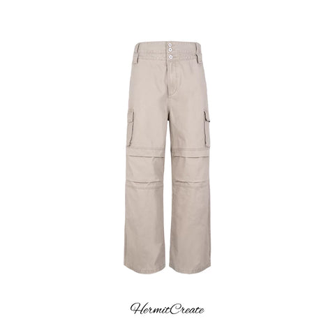 HC/HermitCreate Double Waist Folded Multi Pocket Washed Buckle Work Pants