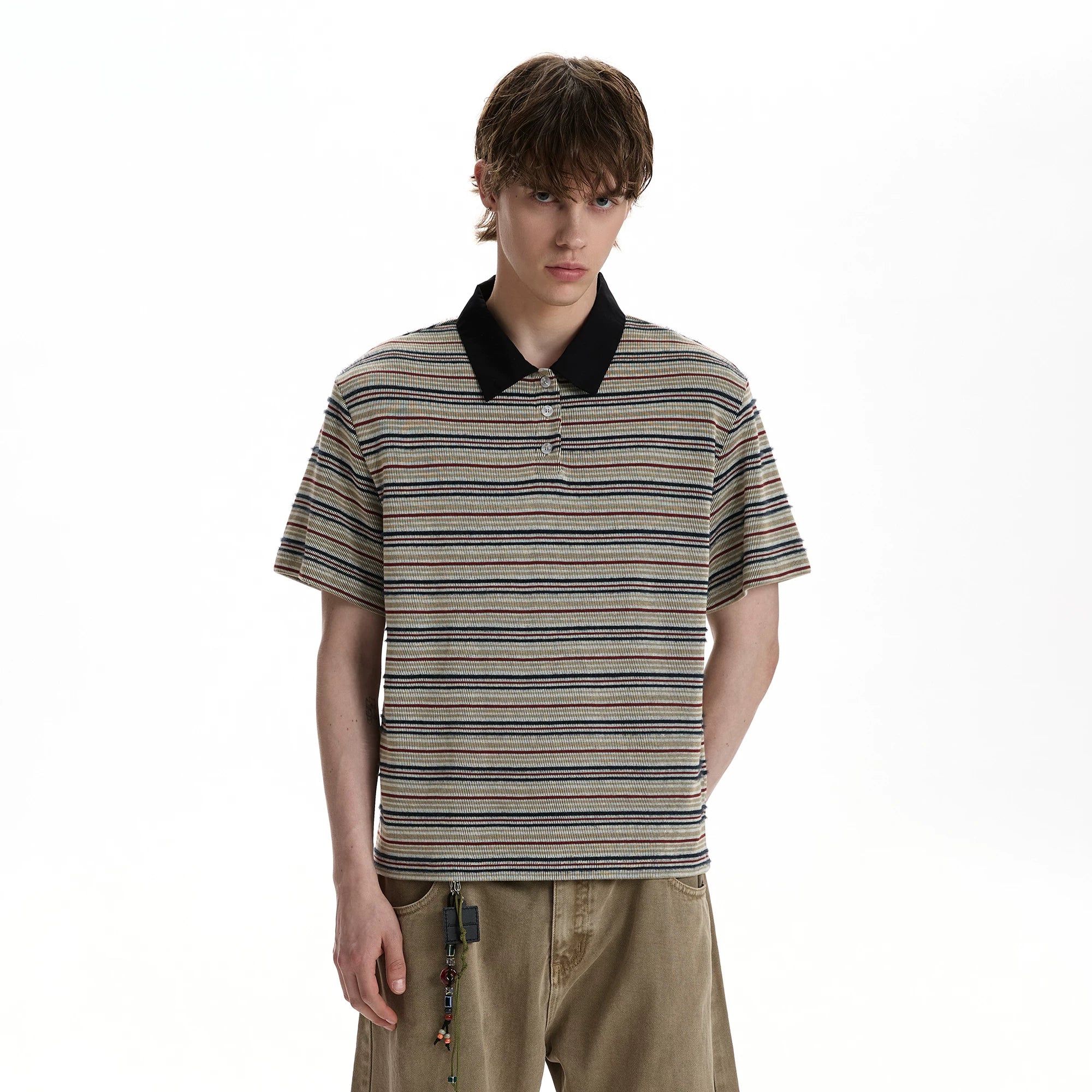 A PUEE retro vintage vintage style striped polo shirt short sleeved T-shirt for men and women boxy short commuting loose top summer