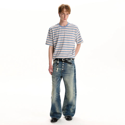 A PUEE retro high intelligence striped short sleeved T-shirt for men and women's cleanfit commuting versatile loose casual top