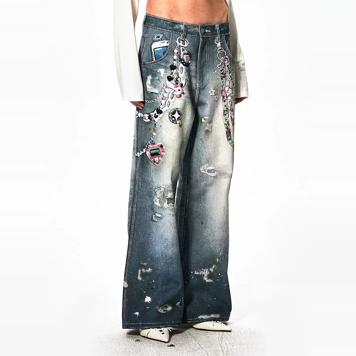 Wang Yiheng, Zhang Jie, Yuan Yiqi, same DND4DESyk cartoon chain wide leg pants design printed jeans
