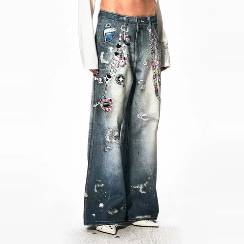 Wang Yiheng, Zhang Jie, Yuan Yiqi, same DND4DESyk cartoon chain wide leg pants design printed jeans