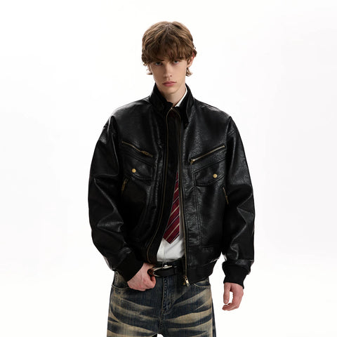 A PUEE American retro texture design PU leather jacket boxy multi pocket silhouette motorcycle suit jacket trendy