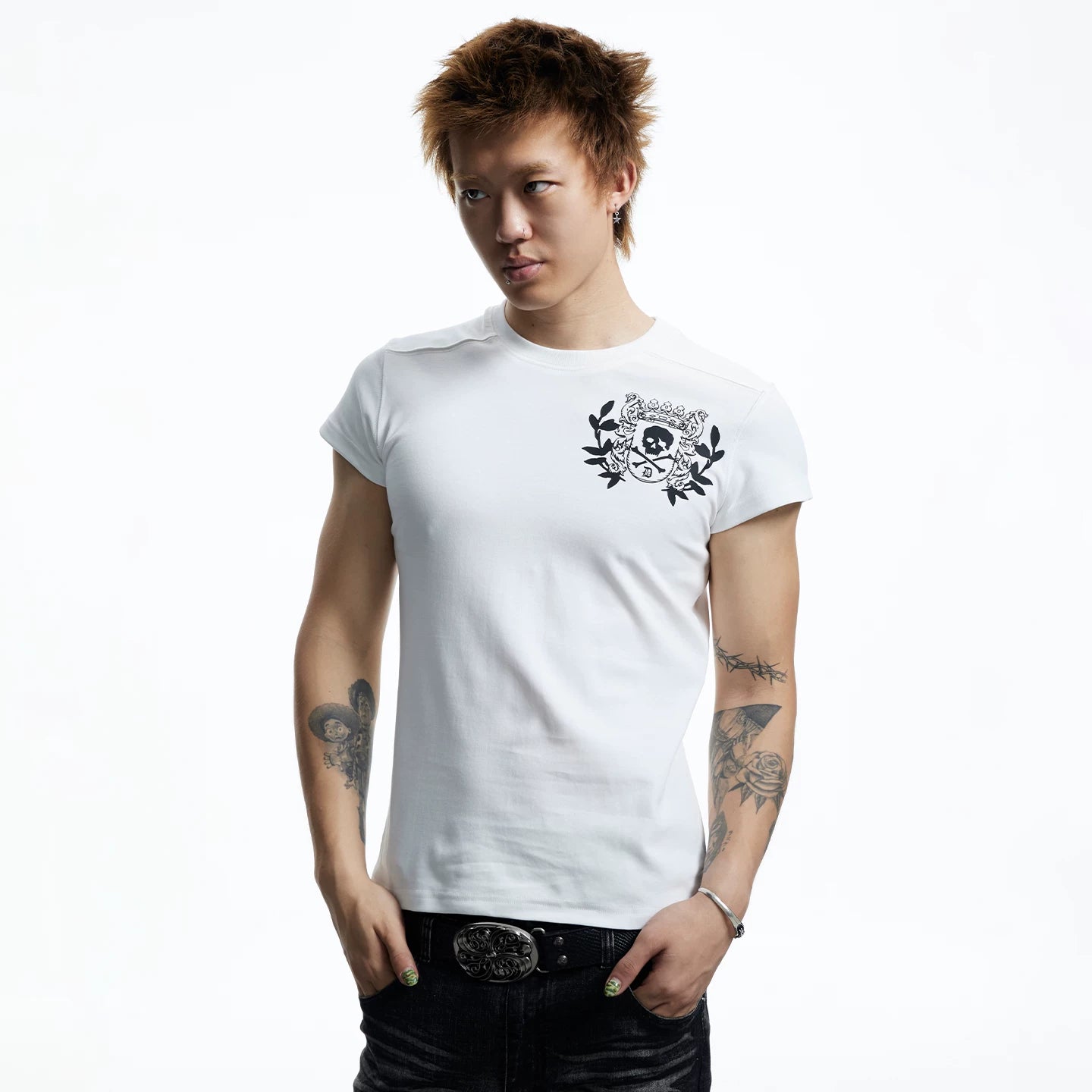 DND4DES Dark Style Skull Printed Shoulder T-shirt American Street Slimming Top