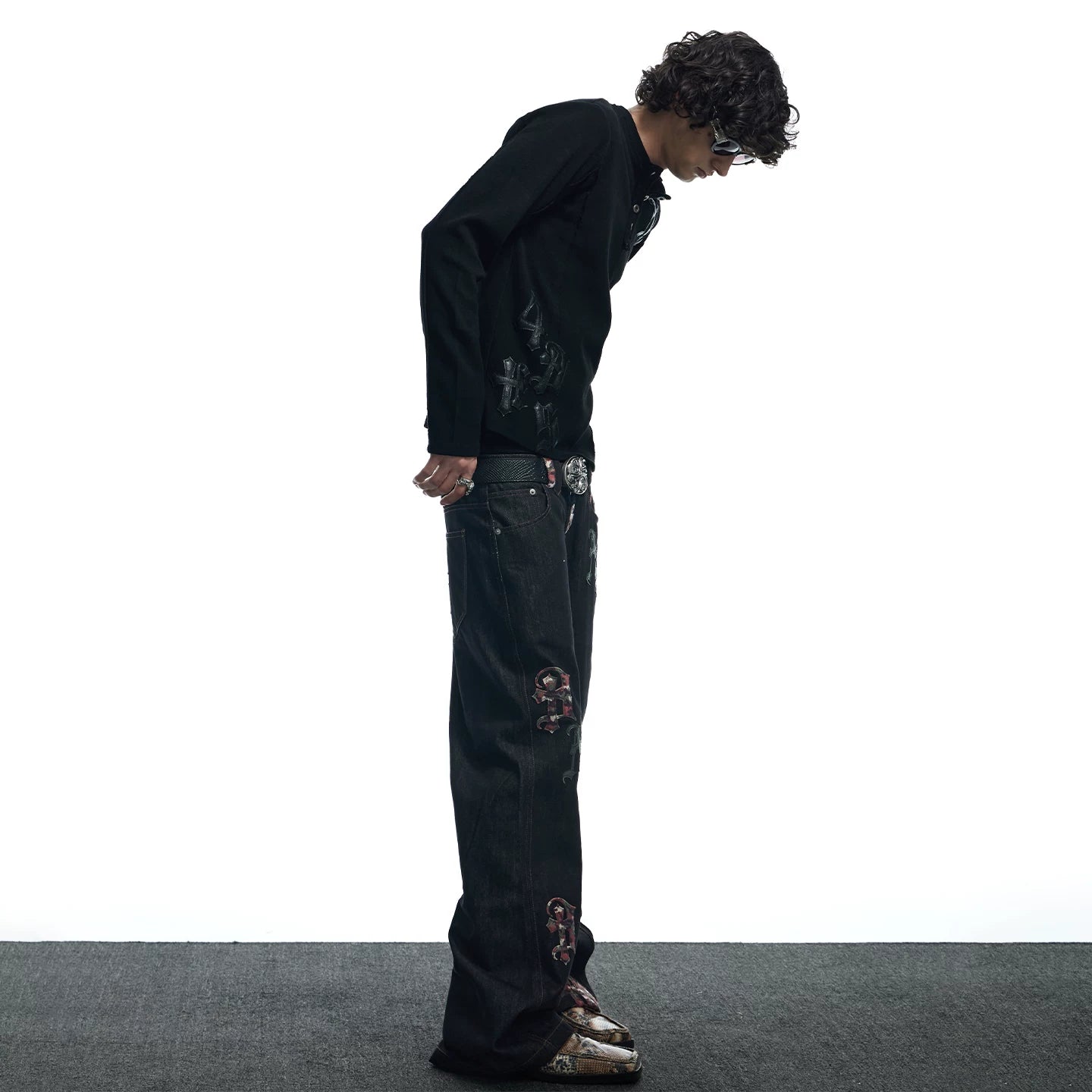 DND4DES American Street Gothic Camouflage Patch Leather Five Buckle Straight Tube Original Cow Casual Jeans Pants