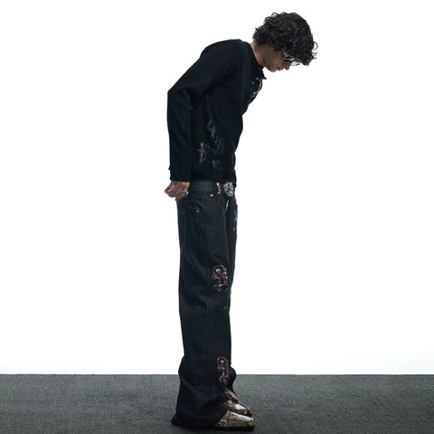 DND4DES American Street Gothic Camouflage Patch Leather Five Buckle Straight Tube Original Cow Casual Jeans Pants