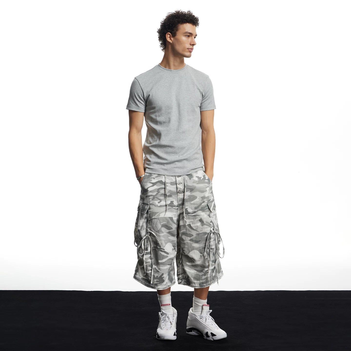 DND4DES hip-hop style street camouflage wide leg cropped pants with multiple pockets, loose straight leg linen shorts