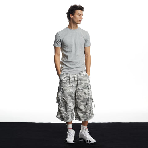 DND4DES hip-hop style street camouflage wide leg cropped pants with multiple pockets, loose straight leg linen shorts